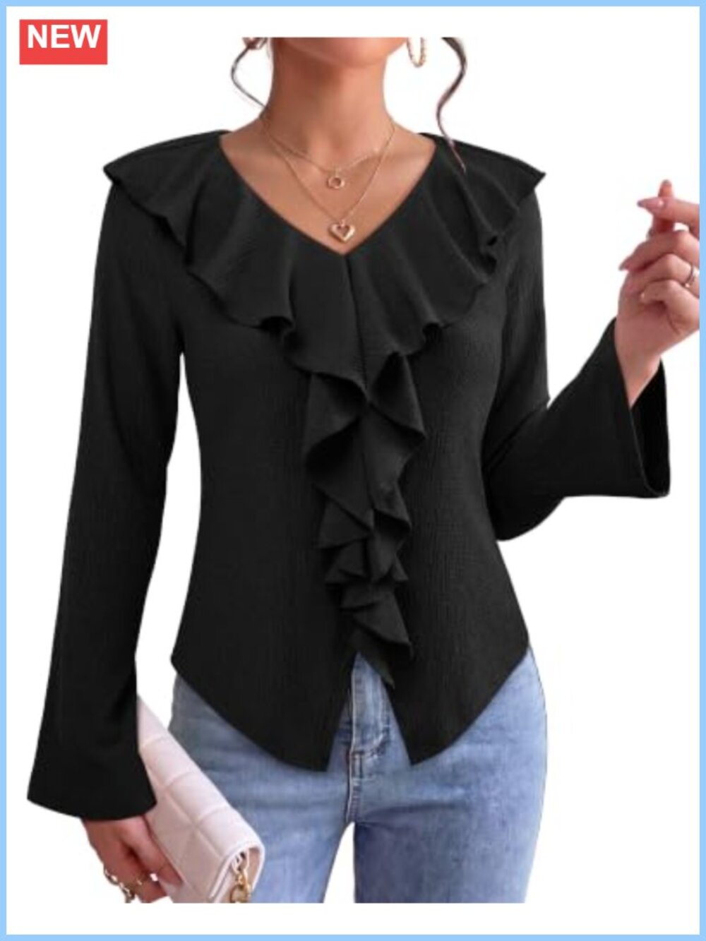 Womens Ruffle V-Neck Tunic Blouse Flared Sleeve Asymmetrical Hem